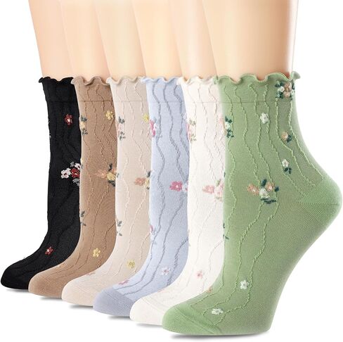 Womens Ruffle Socks Vintage Patterned Ankle Crew Casual Fashion Dress Socks Cute Lettuce Floral Sock 6 Pack in Saudi Arabia
