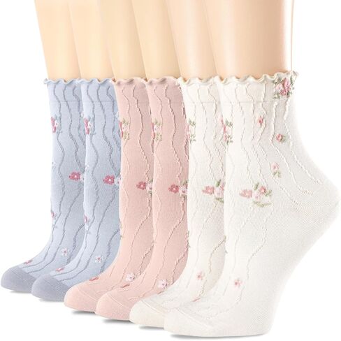 Womens Ruffle Socks Vintage Patterned Ankle Crew Casual Fashion Dress Socks Cute Lettuce Floral Sock 6 Pack in Saudi Arabia
