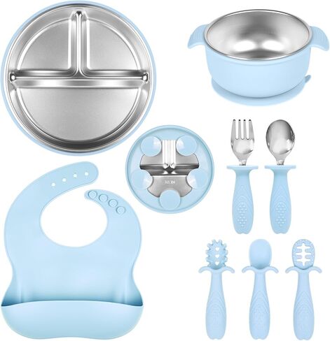 Stainless Steel Kids Plates And Bowls with Suction, Divided Baby Plate And Kid Bowl With Removable, Silicone Baby Plate Feeding Set, Non Toxic & BPA Free (Blue) in Kuwait