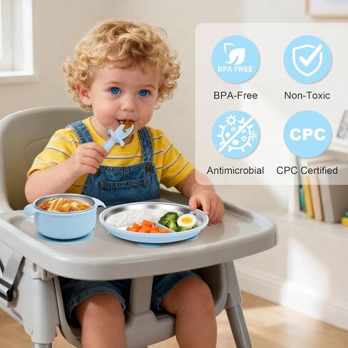 Stainless Steel Kids Plates And Bowls with Suction, Divided Baby Plate And Kid Bowl With Removable, Silicone Baby Plate Feeding Set, Non Toxic & BPA Free (Blue) in Kuwait