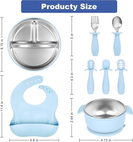 Stainless Steel Kids Plates And Bowls with Suction, Divided Baby Plate And Kid Bowl With Removable, Silicone Baby Plate Feeding Set, Non Toxic & BPA Free (Blue) in Kuwait