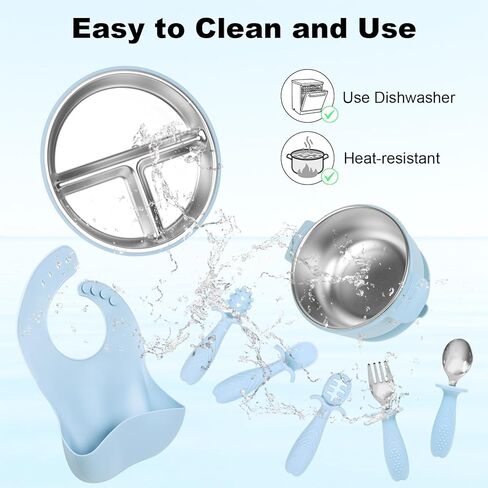 Stainless Steel Kids Plates And Bowls with Suction, Divided Baby Plate And Kid Bowl With Removable, Silicone Baby Plate Feeding Set, Non Toxic & BPA Free (Blue) in Kuwait