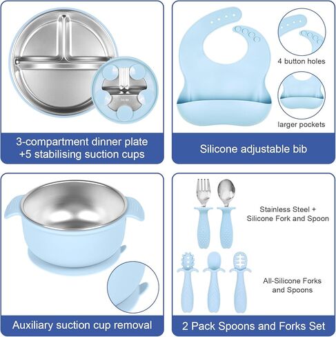 Stainless Steel Kids Plates And Bowls with Suction, Divided Baby Plate And Kid Bowl With Removable, Silicone Baby Plate Feeding Set, Non Toxic & BPA Free (Blue) in Kuwait