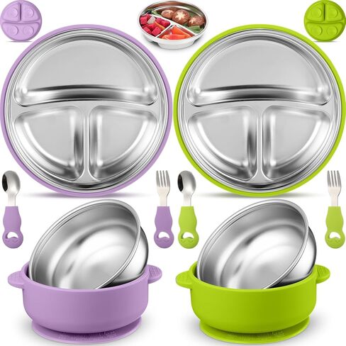 Nuogo 8 Pcs 304 Stainless Steel Kids Bowl Forks Spoons Set 2-in-1 Divided Stainless Steel Toddler Plate with Removable Silicone Baby Suction Plates for Led Weaning Dishwasher Safe in Kuwait