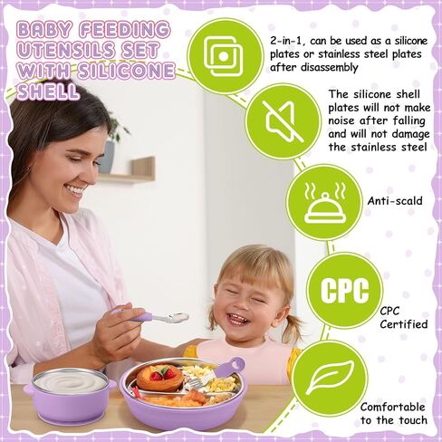 Nuogo 8 Pcs 304 Stainless Steel Kids Bowl Forks Spoons Set 2-in-1 Divided Stainless Steel Toddler Plate with Removable Silicone Baby Suction Plates for Led Weaning Dishwasher Safe in Kuwait