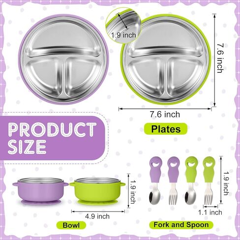 Nuogo 8 Pcs 304 Stainless Steel Kids Bowl Forks Spoons Set 2-in-1 Divided Stainless Steel Toddler Plate with Removable Silicone Baby Suction Plates for Led Weaning Dishwasher Safe in Kuwait