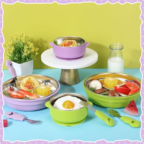 Nuogo 8 Pcs 304 Stainless Steel Kids Bowl Forks Spoons Set 2-in-1 Divided Stainless Steel Toddler Plate with Removable Silicone Baby Suction Plates for Led Weaning Dishwasher Safe in Kuwait