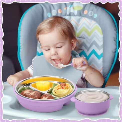Nuogo 8 Pcs 304 Stainless Steel Kids Bowl Forks Spoons Set 2-in-1 Divided Stainless Steel Toddler Plate with Removable Silicone Baby Suction Plates for Led Weaning Dishwasher Safe in Kuwait