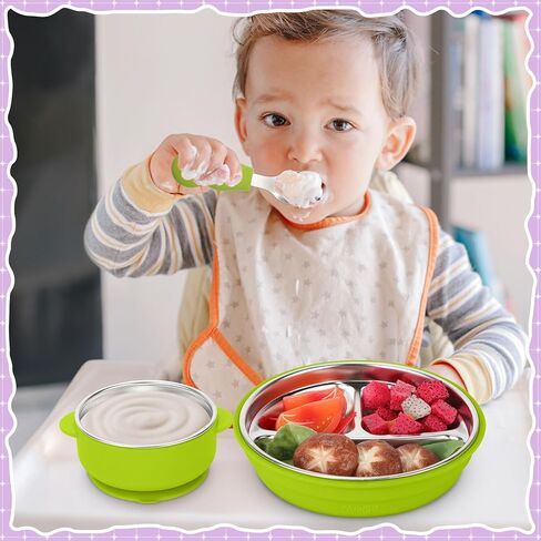 Nuogo 8 Pcs 304 Stainless Steel Kids Bowl Forks Spoons Set 2-in-1 Divided Stainless Steel Toddler Plate with Removable Silicone Baby Suction Plates for Led Weaning Dishwasher Safe in Kuwait
