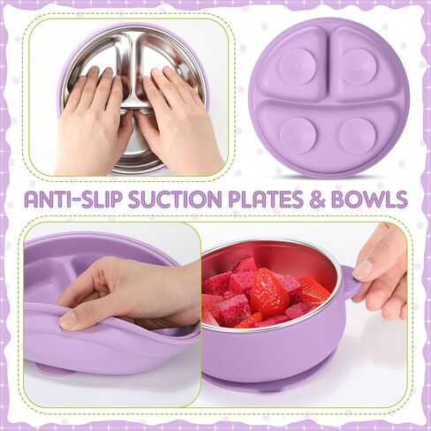 Nuogo 8 Pcs 304 Stainless Steel Kids Bowl Forks Spoons Set 2-in-1 Divided Stainless Steel Toddler Plate with Removable Silicone Baby Suction Plates for Led Weaning Dishwasher Safe in Kuwait