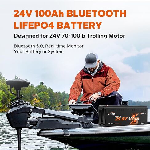 LiTime 24V 50Ah Deep Cycle Lithium Battery with 29.2V&14.6V 10A Charger, Bluetooth 5.0, Low-Temp Protection, Buit in 50A BMS, Group 24, Perfect for Trolling Motors, Yacht, Marine, Boat, RV in Saudi Arabia
