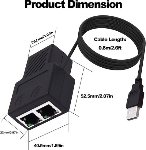 موزع إيثرنت 1 إلى 2، محول شبكة إيثرنت RJ45 8P8C LAN موسع الإنترنت 1 في 2 محول مع كابل طاقة USB لجهاز توجيه محور الكمبيوتر in Saudi Arabia