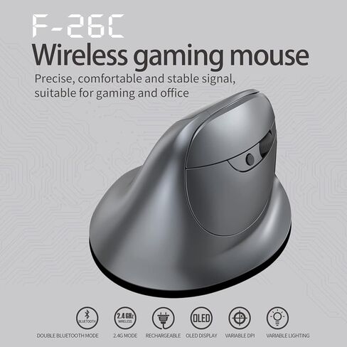 Docooler F-26C 2.4G ماوس ضوئي لاسلكي رأسي مريح يعمل بالبلوتوث، تعديل 4 DPI 1000/1600/2400/3200 7 أضواء ملونة مع شاشة LED مناسبة لمشغل الألعاب والكمبيوتر المحمول، رمادي in Saudi Arabia