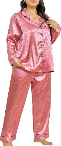 MapleHub Womens Silk Satin Pajamas Set Long Sleeve Sleepwear Button Down Pjs Soft 2 Piece Lounge Set in Saudi Arabia
