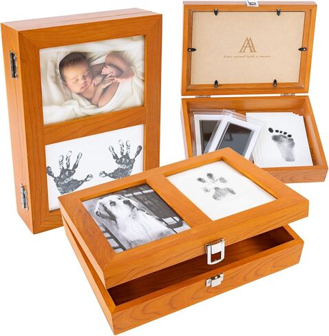 AUDRIC & ANNE 2-in-1 Baby Keepsake Box & Paw Print Kit for Dogs | Solid Cherry Wood Memory Box for Keepsakes with Photo Frame & Inkless Pads | Baby Shower Gifts & Wedding Gift (11″×8″×2.7″) in Saudi Arabia