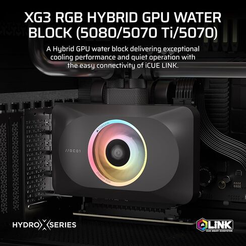 CORSAIR XG3 RGB Hybrid GPU Water Block – Hybrid Custom Cooling, Compatible with 5080, 5070 Ti, & 5070 GPUs, 18 Addressable RGB LEDs, iCUE Link Connectivity, Built-in Temperature Sensor – Black in Saudi Arabia