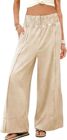 Tanming Womens Wide Leg Pants Casual Elastic High Waisted Palazzo Pant Loose Cotton Sweatpants with Pockets in Saudi Arabia
