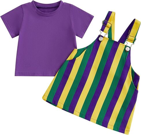 Yccutest Little Toddler Girl Mardi Gras Outfit Kids Short Sleeve T-shirt Adjustable Overall Dress Carnival Clothes For Girls in Kuwait