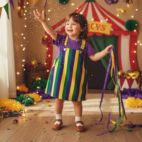 Yccutest Little Toddler Girl Mardi Gras Outfit Kids Short Sleeve T-shirt Adjustable Overall Dress Carnival Clothes For Girls in Saudi Arabia