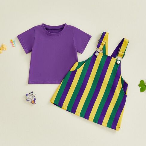Yccutest Little Toddler Girl Mardi Gras Outfit Kids Short Sleeve T-shirt Adjustable Overall Dress Carnival Clothes For Girls in Saudi Arabia