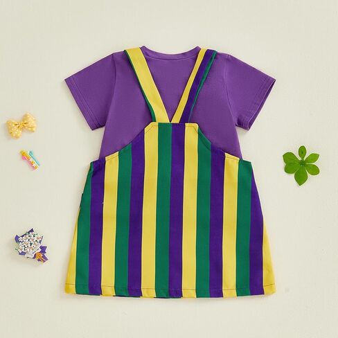 Yccutest Little Toddler Girl Mardi Gras Outfit Kids Short Sleeve T-shirt Adjustable Overall Dress Carnival Clothes For Girls in Saudi Arabia