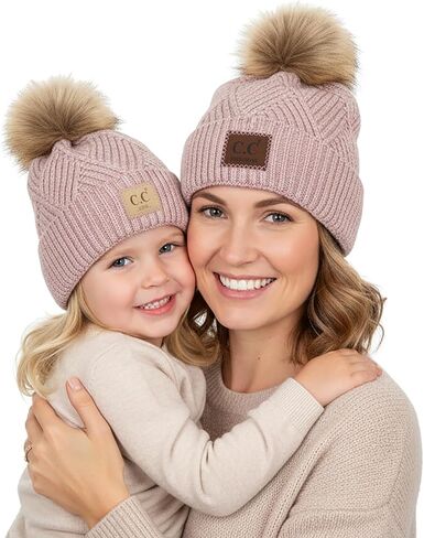 Funky Junque Mommy & Me Pom Beanies - قبعة صغيرة نسائية منسوجة مريحة وقبعة شتوية للفتيات الصغيرات للأعمار من 1 إلى 4 سنوات، مجموعة رائعة in Kuwait