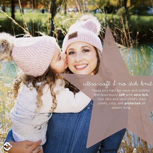 Funky Junque Mommy & Me Pom Beanies - قبعة صغيرة نسائية منسوجة مريحة وقبعة شتوية للفتيات الصغيرات للأعمار من 1 إلى 4 سنوات، مجموعة رائعة in Kuwait