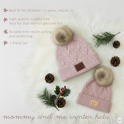 Funky Junque Mommy & Me Pom Beanies - قبعة صغيرة نسائية منسوجة مريحة وقبعة شتوية للفتيات الصغيرات للأعمار من 1 إلى 4 سنوات، مجموعة رائعة in Kuwait