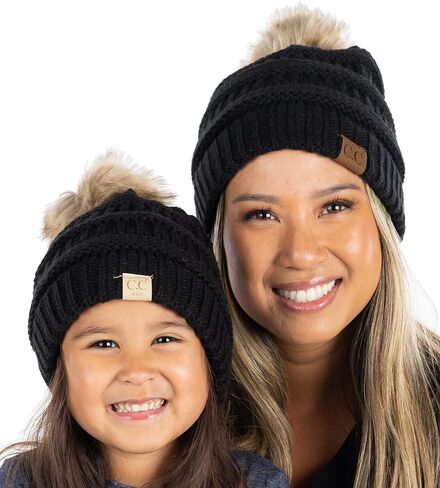 Funky Junque Mommy & Me Pom Beanies - قبعة صغيرة نسائية منسوجة مريحة وقبعة شتوية للفتيات الصغيرات للأعمار من 1 إلى 4 سنوات، مجموعة رائعة in Kuwait