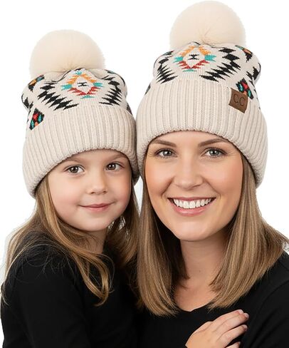Funky Junque Mommy & Me Pom Beanies - قبعة صغيرة نسائية منسوجة مريحة وقبعة شتوية للفتيات الصغيرات للأعمار من 1 إلى 4 سنوات، مجموعة رائعة in Kuwait