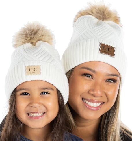 Funky Junque Mommy & Me Pom Beanies - قبعة صغيرة نسائية منسوجة مريحة وقبعة شتوية للفتيات الصغيرات للأعمار من 1 إلى 4 سنوات، مجموعة رائعة in Kuwait