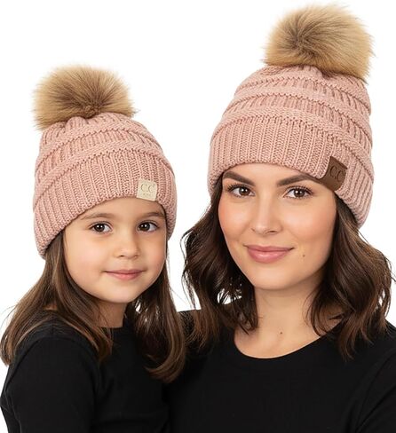 Funky Junque Mommy & Me Pom Beanies - قبعة صغيرة نسائية منسوجة مريحة وقبعة شتوية للفتيات الصغيرات للأعمار من 1 إلى 4 سنوات، مجموعة رائعة in Kuwait