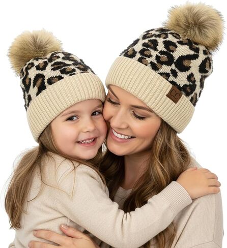 Funky Junque Mommy & Me Pom Beanies - قبعة صغيرة نسائية منسوجة مريحة وقبعة شتوية للفتيات الصغيرات للأعمار من 1 إلى 4 سنوات، مجموعة رائعة in Kuwait