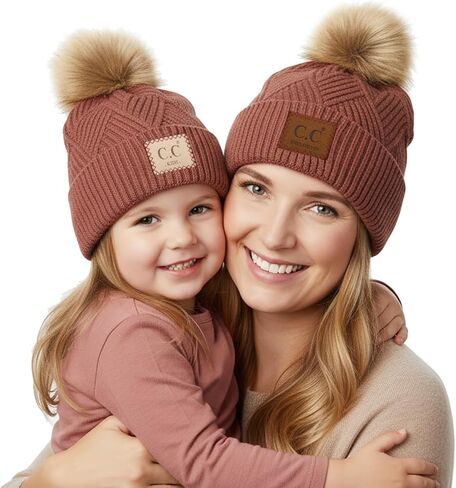 Funky Junque Mommy & Me Pom Beanies - قبعة صغيرة نسائية منسوجة مريحة وقبعة شتوية للفتيات الصغيرات للأعمار من 1 إلى 4 سنوات، مجموعة رائعة in Kuwait