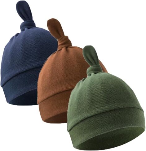 3 Pack Baby Knotted Hats Newborn Beanie Hats Soft Stretchy Jersey Knot Bonnet for 0-6 Months Infant Baby Caps in Saudi Arabia