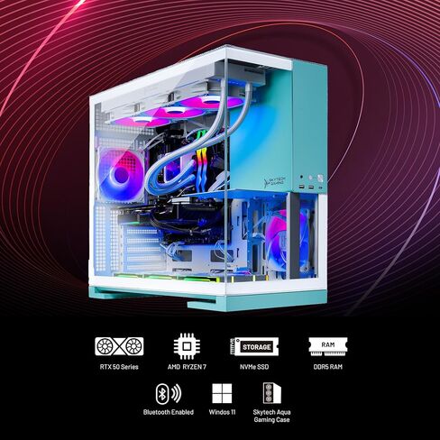 كمبيوتر Skytech Gaming Aqua للألعاب، AMD Ryzen 7 7700X 4.5 جيجا هرتز، NVIDIA RTX 5070 12 جيجا، 1 تيرابايت Gen4 NVMe SSD، 32 جيجا DDR5 RAM 6000، 850 وات ذهبي ATX 3 PSU، 360 ARGB AIO، واي فاي، ويندوز 11، سطح المكتب in Kuwait