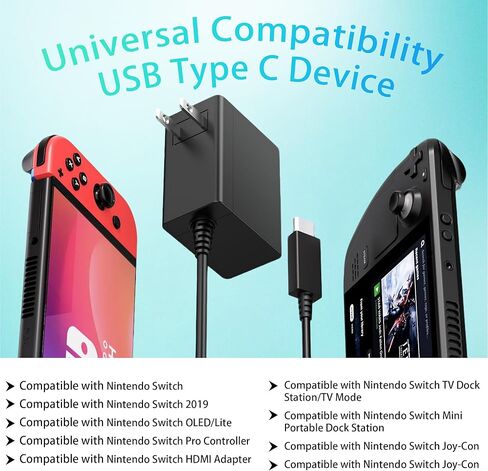 شاحن أسود سريع متوافق مع نينتندو سويتش، مع سلك USB-C، متوافق مع سويتش أوليد، لايت، ستيم ديك - يدعم وضع التلفزيون in Kuwait