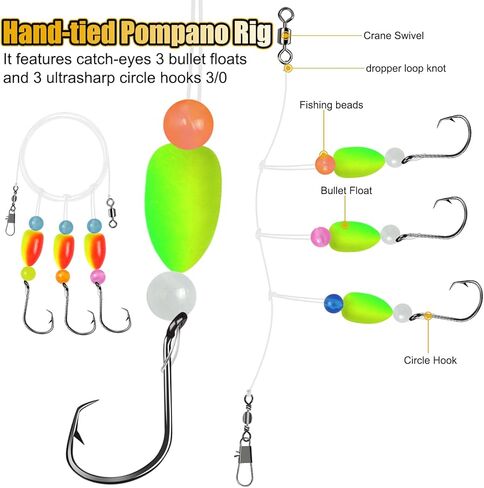 Pompano Rigs for Surf Fishing, 5/10 PCS Pre-Tied Saltwater Fishing Rigs with Triple 3/0 Circle Hooks, Pompano Floats Surf Fishing Tackle in Saudi Arabia