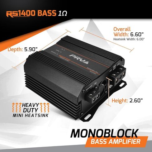 PRV Audio 1400 Watts Monoblock Class D Subwoofer Amplifier RS1400 BASS 1 Ohm – 12 Volts Car Amp, Built-in Crossover, Bass Boost, Smart Fans with Remote Sub Level Control Bass Knob Included in Saudi Arabia