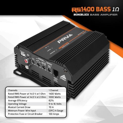 PRV Audio 1400 Watts Monoblock Class D Subwoofer Amplifier RS1400 BASS 1 Ohm – 12 Volts Car Amp, Built-in Crossover, Bass Boost, Smart Fans with Remote Sub Level Control Bass Knob Included in Saudi Arabia