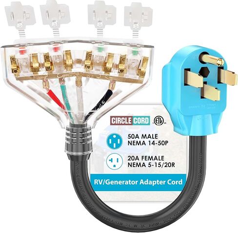 CircleCord ETL Listed 50 Amp to 110V RV/Generator Distribution Adapter Cord, NEMA 14-50P Male to 4X 5-15R/5-20R T-Blade Household Outlet Female with Dust Protection Caps in Saudi Arabia