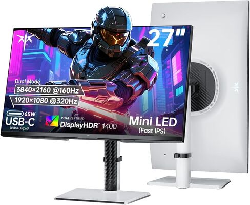 شاشة LED صغيرة مزدوجة الوضع مقاس 27 بوصة من KTC - شاشة ألعاب 4K UHD بسرعة 160 هرتز و1080 بكسل FHD 320 هرتز، منفذ نوع C بقدرة 65 وات، لوحة IPS سريعة HDR1400، مزامنة متكيفة، HDMI 2.1 وDP 1.4، تعديل الارتفاع، VESA (متجدد) in Saudi Arabia