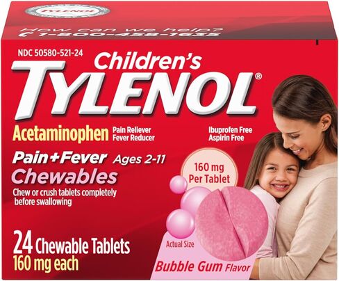 Children's Tylenol Dye-Free Chewables, 160 mg Acetaminophen Pain Reliever & Fever Reducer for Kids' Cold + Flu Symptoms, Headache, Sore Throat & Toothache, Aspirin-Free, Wild Berry, 24 ct in Saudi Arabia