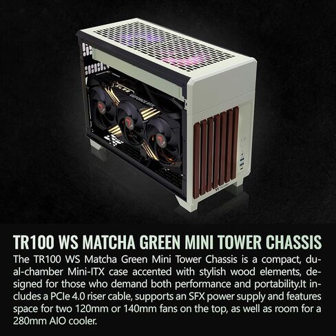 Thermaltake TR100 WS; Wood Front Trim; mITX Support; 18.9 Liters; PCIe 4.0 Riser Cable Included; 360mm GPU Clearance; 280mm Radiator Support; Removable PCIe Bracket; Matcha Green; CA-11A-00SENN-WS in Saudi Arabia
