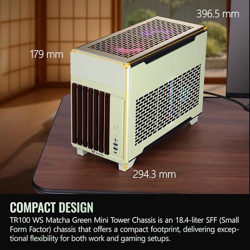 Thermaltake TR100 WS; Wood Front Trim; mITX Support; 18.9 Liters; PCIe 4.0 Riser Cable Included; 360mm GPU Clearance; 280mm Radiator Support; Removable PCIe Bracket; Matcha Green; CA-11A-00SENN-WS in Saudi Arabia