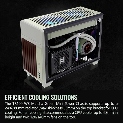 Thermaltake TR100 WS; Wood Front Trim; mITX Support; 18.9 Liters; PCIe 4.0 Riser Cable Included; 360mm GPU Clearance; 280mm Radiator Support; Removable PCIe Bracket; Matcha Green; CA-11A-00SENN-WS in Saudi Arabia