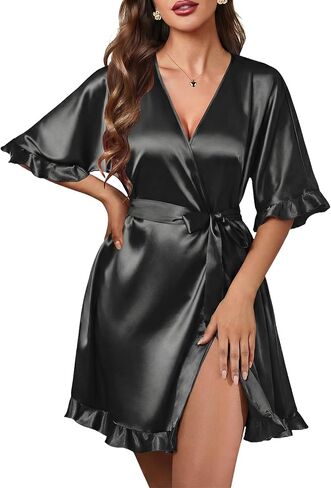 Ekouaer Silk Robes for Women Short Lightweight Bathrobe Ruffled Satin Kimono Robes Sexy Bride Bridesmaid Sleepwear in Kuwait