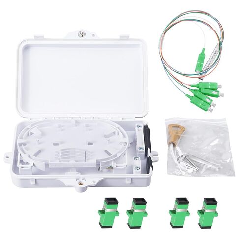 Fiber Optic Distribution Box, 4 Port Wall Mount Enclosure with 4 SC APC Adapters, Singlemode, FTTH, IP65 Waterproof Outdoor/Indoor Use(with 1pc 1 to 4 SC/APC Steel Tube PLC Splitter in Saudi Arabia