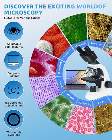 تكبير مجهر ثنائي العينين 40X-2500X، عدسات WF10x وWF25x، إضاءة LED مزدوجة، مناسبة للمدارس والمعامل المنزلية مجهر تعليمي للبالغين in Kuwait