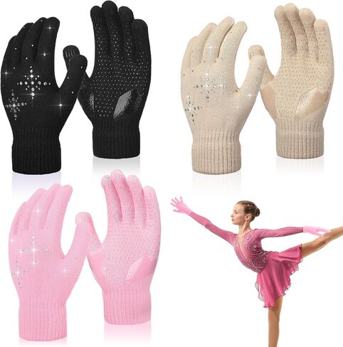Toulite 3 Pairs Adult Figure Skating Gloves Thick Non Slip Gel Winter Ice Skating Gloves for Women with Rhinestone Crystals in Saudi Arabia